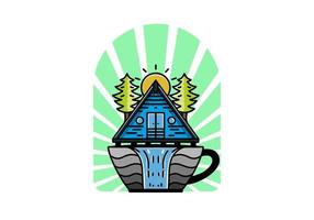 Wood cabin and pine trees on the coffee cup shape with waterfall illustration vector