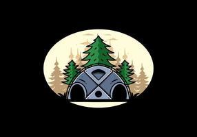 Big family tent and pine trees illustration badge design vector