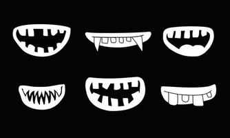 Set of scary smile masks. Collection of different types of smiling faces with teeth. Line art. Creepy mouth masks. Halloween masks. Vector illustration for children.