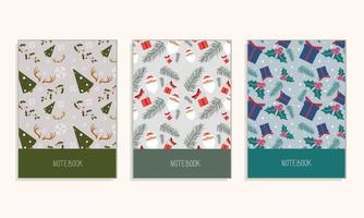 Cover page notebook collection. Templates with christmas patterns in cartoon style. Perfect for diary, books, magazines, journals, catalogs, planners and flyers. Vector layouts.