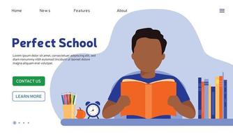 People reading book web concept in flat design. Student studies from textbook and prepares for exam while sitting at table in library. School education. Vector illustration with characters scene