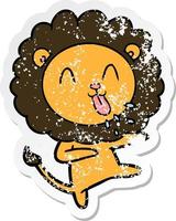 distressed sticker of a happy cartoon lion vector