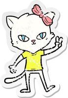 distressed sticker of a cute cartoon cat girl giving peace sign vector