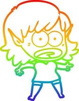 dibujo de línea de gradiente de arco iris niña elfa sorprendida de dibujos animados vector