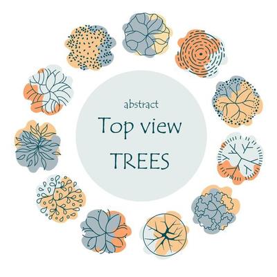 Tree for architectural floor plans. Entourage design. Various trees, bushes, and shrubs, top view for the landscape design plan.