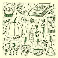 Witchcraft and Magic Illustrations. Bottles with potion and poison, sand clock, magic ball, witch book, moon, pumpkin, bone, knife, and crystal. Halloween wizardry.