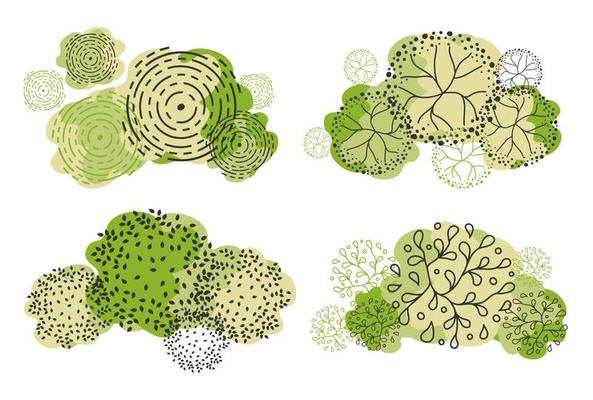 Tree for architectural floor plans. Entourage design. Various trees, bushes, and shrubs, top view for the landscape design plan.