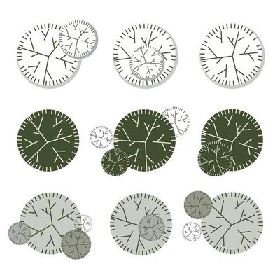 Tree for architectural floor plans. Entourage design. Various trees, bushes, and shrubs, top view for the landscape design plan.
