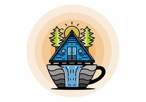 cabaña de madera y pinos en forma de taza de café con ilustración de cascada vector