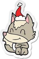 pegatina amistosa caricatura de un lobo con gorro de Papá Noel vector