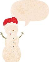 cartoon christmas snowman and speech bubble in retro textured style vector