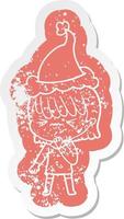 cartoon distressed sticker of a girl regretting a mistake wearing santa hat vector