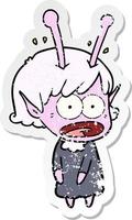 distressed sticker of a cartoon shocked alien girl vector