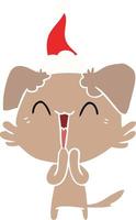 laughing little dog flat color illustration of a wearing santa hat vector