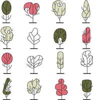 Simple frontal trees. Entourage design. Various trees, bushes, and shrubs. vector