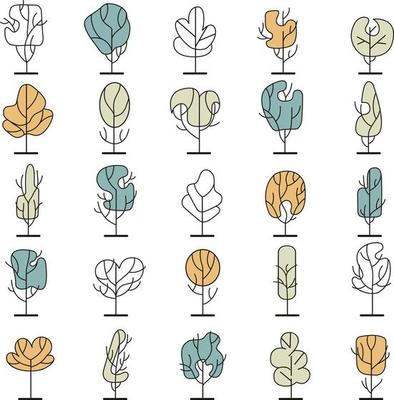 Simple frontal trees. Entourage design. Various trees, bushes, and shrubs.
