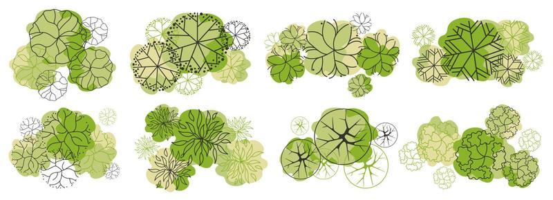 Tree for architectural floor plans. Entourage design. Various trees, bushes, and shrubs, top view for the landscape design plan.