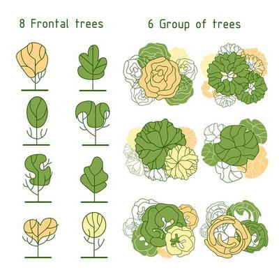 Tree for architectural floor plans. Entourage design. Various trees, bushes, and shrubs, top view for the landscape design plan.