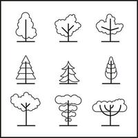 conjunto de iconos de árboles lineales. colección de signos lineales de árboles de bosque, parque y jardín. símbolos de contorno de árbol geométrico simple para el séquito. vector