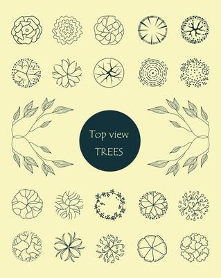 Tree for architectural floor plans. Entourage design. Various trees, bushes, and shrubs, top view for the landscape design plan.
