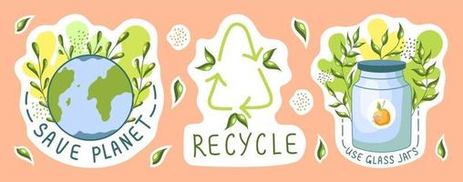 pegatinas ecológicas. protección del medio ambiente, concepto de sostenibilidad. recicla, salva el planeta y usa frascos de vidrio. reutilizar. vector