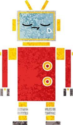 retro illustration style cartoon crying robot