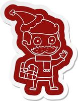 cartoon  sticker of a man with mustache and christmas present wearing santa hat vector