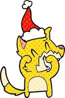 laughing fox comic book style illustration of a wearing santa hat vector