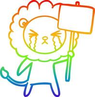 rainbow gradient line drawing cartoon crying lion with placard vector