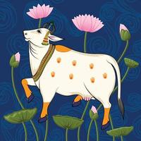 Indian Traditional Rajasthani Painting Cow and Lotus in Pattern Background vector