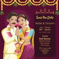 Indian Tamil wedding invitation bride and groom in welcome pose vector