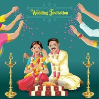 Indian Tamil wedding invitation bride and groom with hands showering flowers and blessings vector
