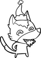 line drawing of a hungry wolf wearing santa hat vector