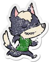 distressed sticker of a friendly cartoon wolf vector