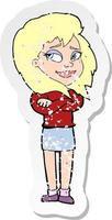 retro distressed sticker of a cartoon woman with crossed arms vector