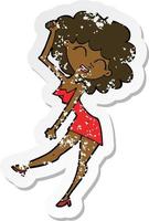 retro distressed sticker of a cartoon dancing woman vector