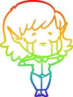 rainbow gradient line drawing cartoon crying elf girl vector