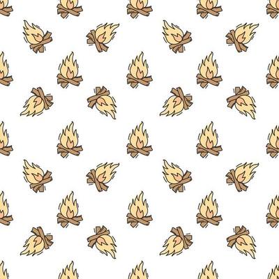 Seamless pattern with burning campfire hand drawn doodle outline vector. Cute doodle vector pattern.
