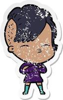 distressed sticker of a cartoon squinting girl vector