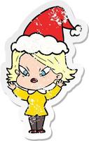 distressed sticker cartoon of a stressed woman wearing santa hat vector