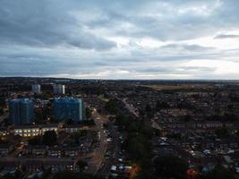 High angle aerial view of Luton City of England at Sunset Night. photo