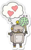 robot de dibujos animados enamorado y burbuja de pensamiento como pegatina impresa vector