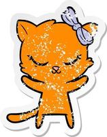 distressed sticker of a cute cartoon cat with bow vector