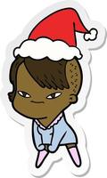 cute sticker cartoon of a girl with hipster haircut wearing santa hat vector
