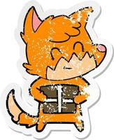 distressed sticker of a cartoon friendly fox with gift vector