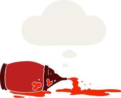 cartoon spilled ketchup bottle and thought bubble in retro style vector
