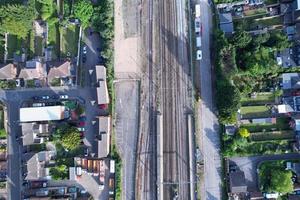 Aerial footage and high angle Train on Tracks at Leagrave Luton City Railway Station and Town of England UK photo