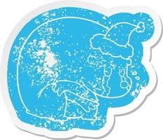 crying cartoon distressed sticker of a polar bear wearing santa hat vector