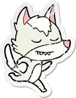 distressed sticker of a friendly cartoon wolf vector