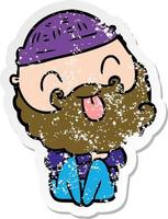 distressed sticker of a man with beard sticking out tongue vector